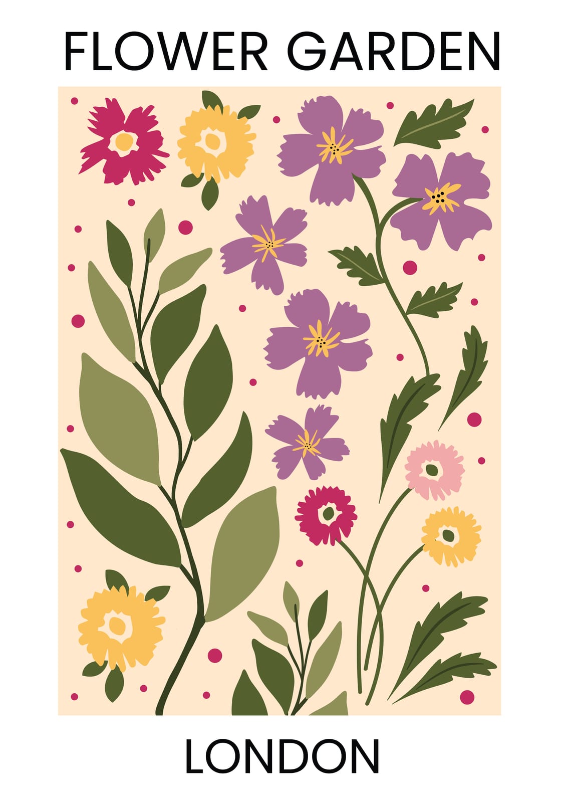 Pink, purple, and yellow flowers with FLOWER GARDEN and LONDON text.