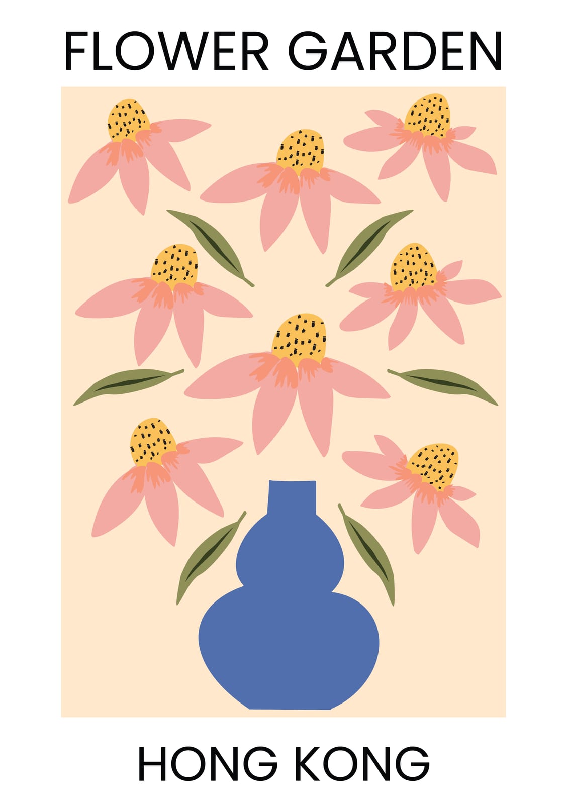 Pink flowers near a blue vase with FLOWER GARDEN and HONG KONG text.
