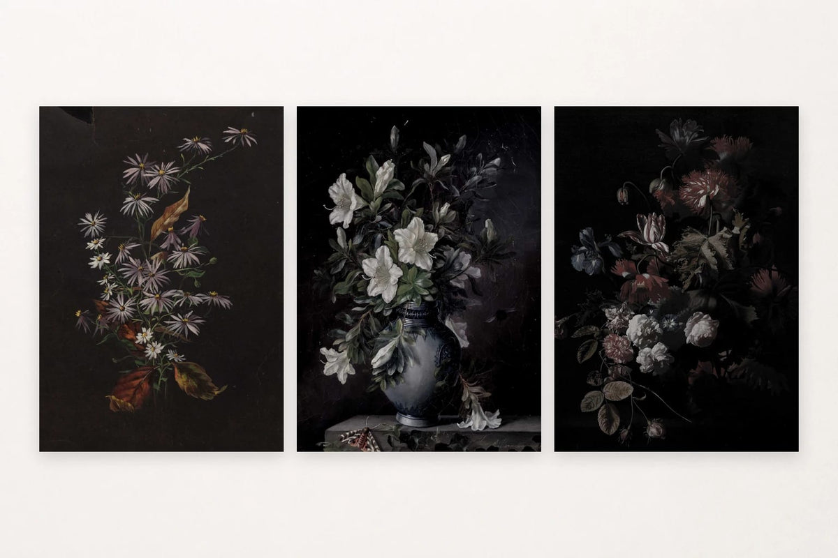 Three floral prints show small dark-ground blooms, a gray-blue vase, and a full bouquet.