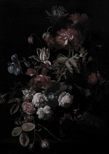 A dark flower bouquet fills the image.