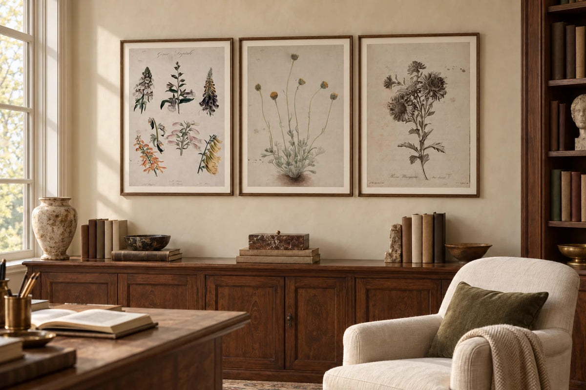Three botanical studies hang above a dark console on a light wall.