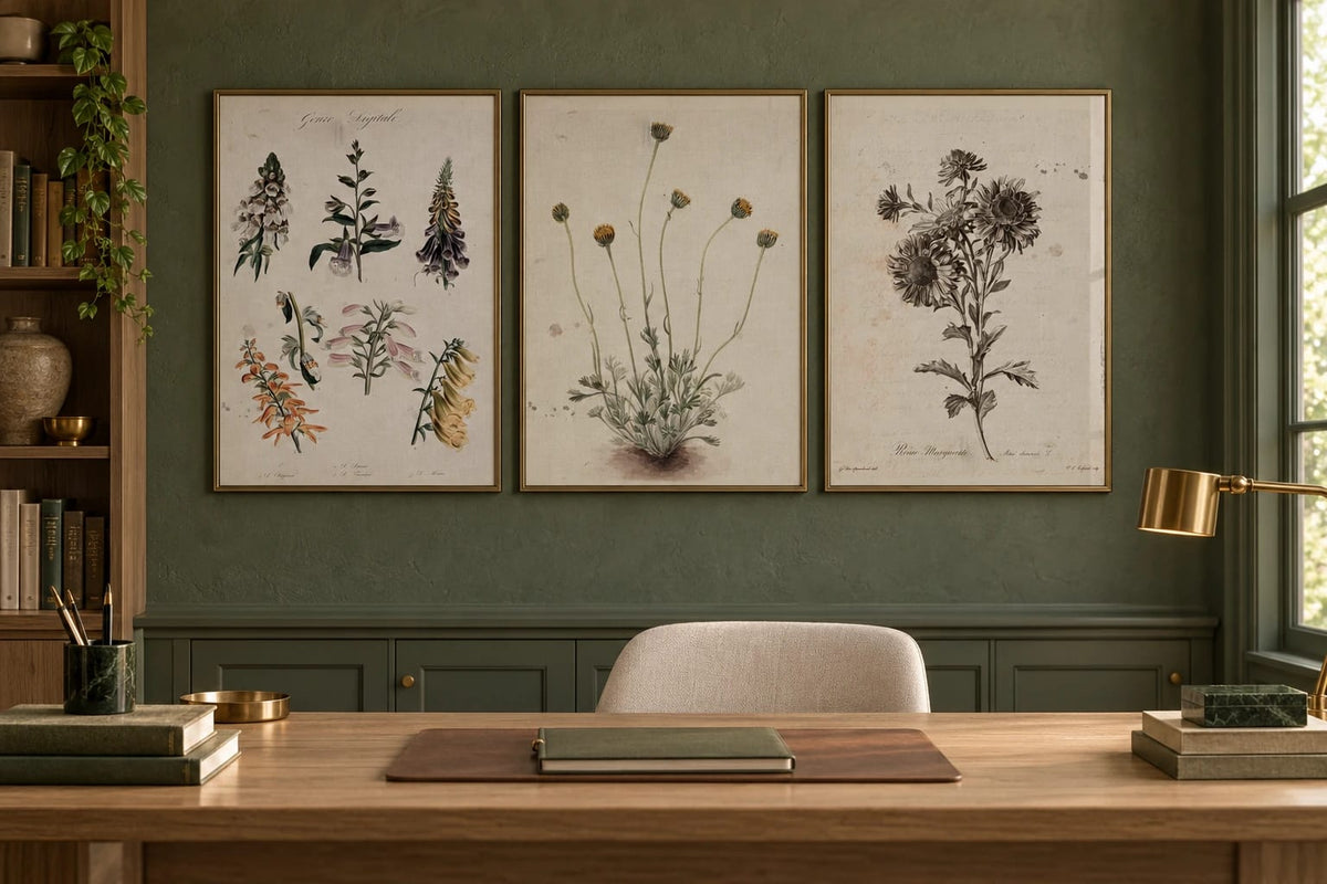 Three botanical prints hang on a green office wall above a wood desk.