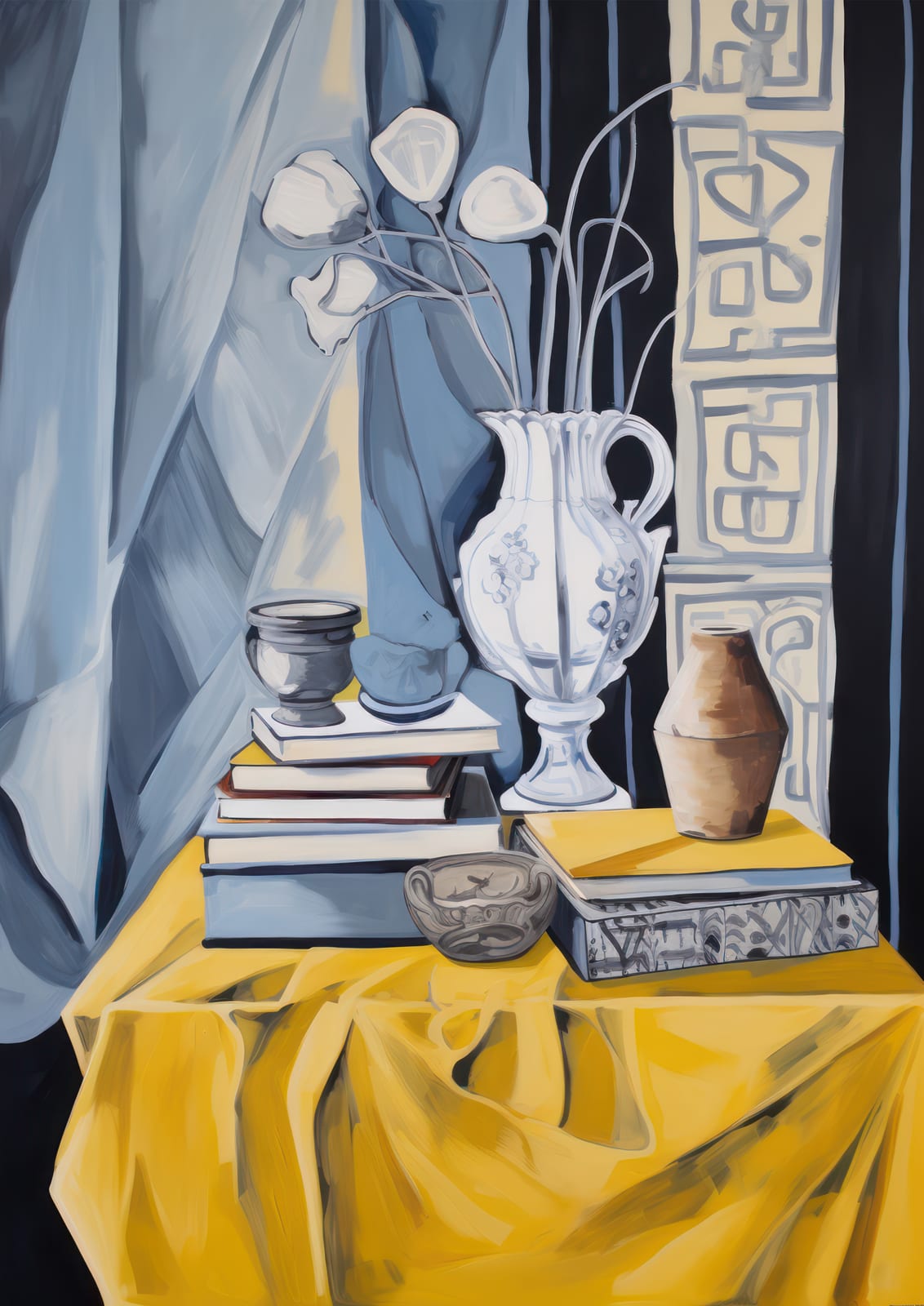 A still life pairs books, a white vase, and yellow fabric.