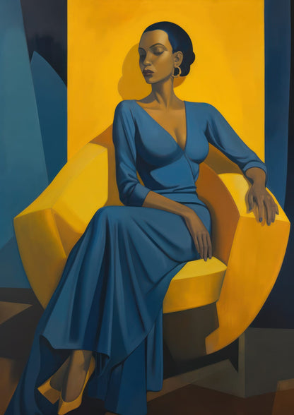 A woman in a blue dress sits on a yellow chair.