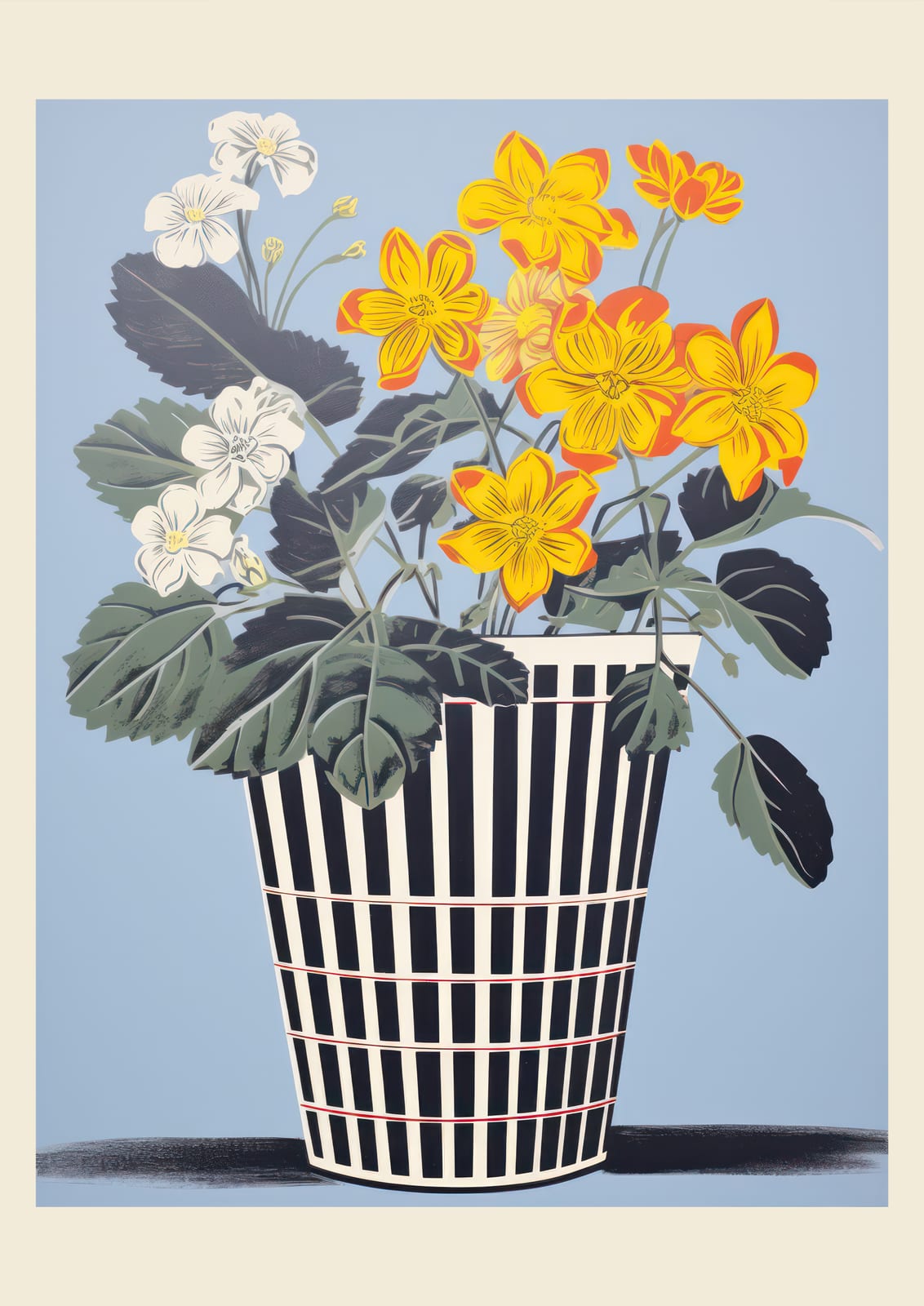 Yellow and white flowers fill a striped pot.