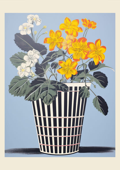 Yellow and white flowers fill a striped pot.