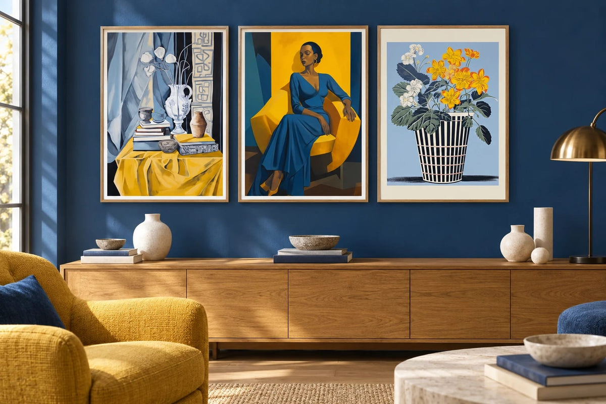 Three blue and yellow prints hang over a wood cabinet beside a yellow chair.