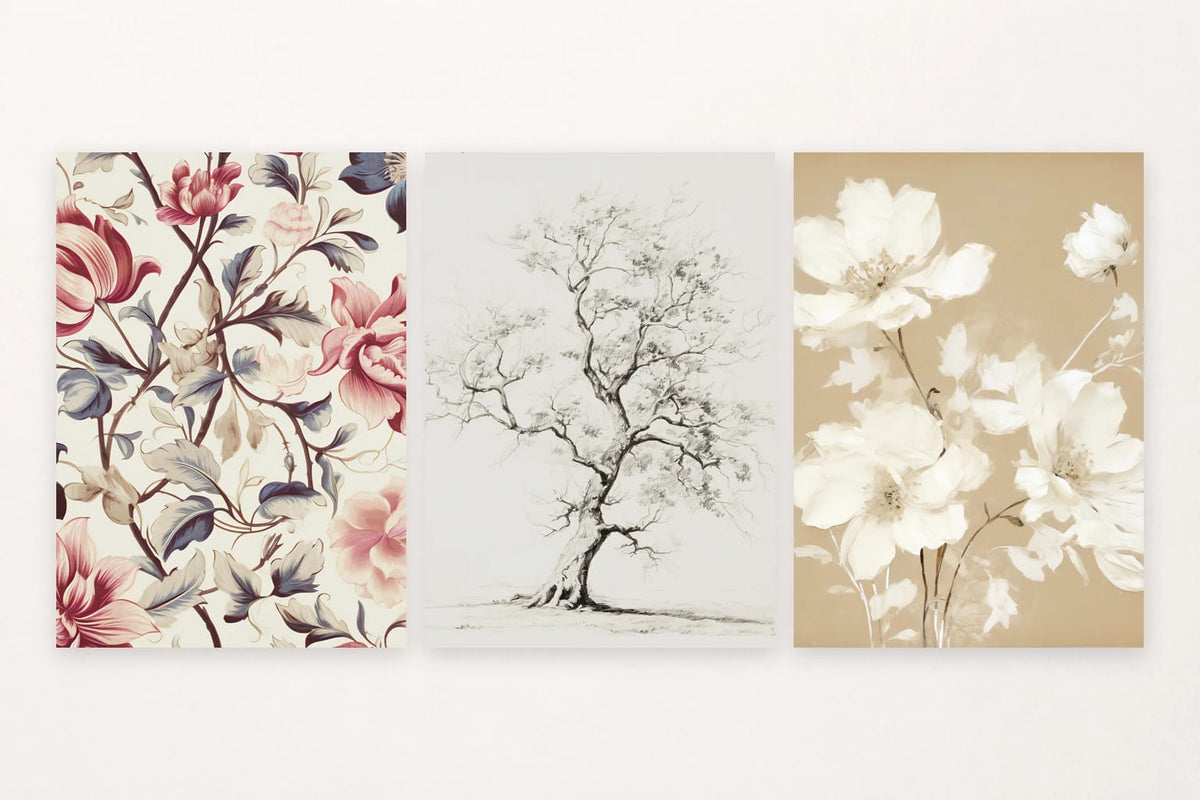 Three botanical prints pair pink flowers, a branching monochrome tree, and pale blooms on beige.