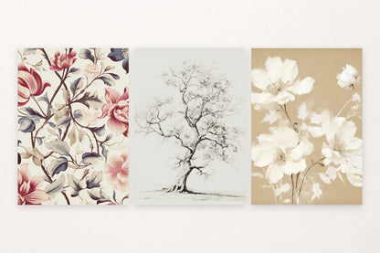 Three botanical prints pair pink flowers, a branching monochrome tree, and pale blooms on beige.
