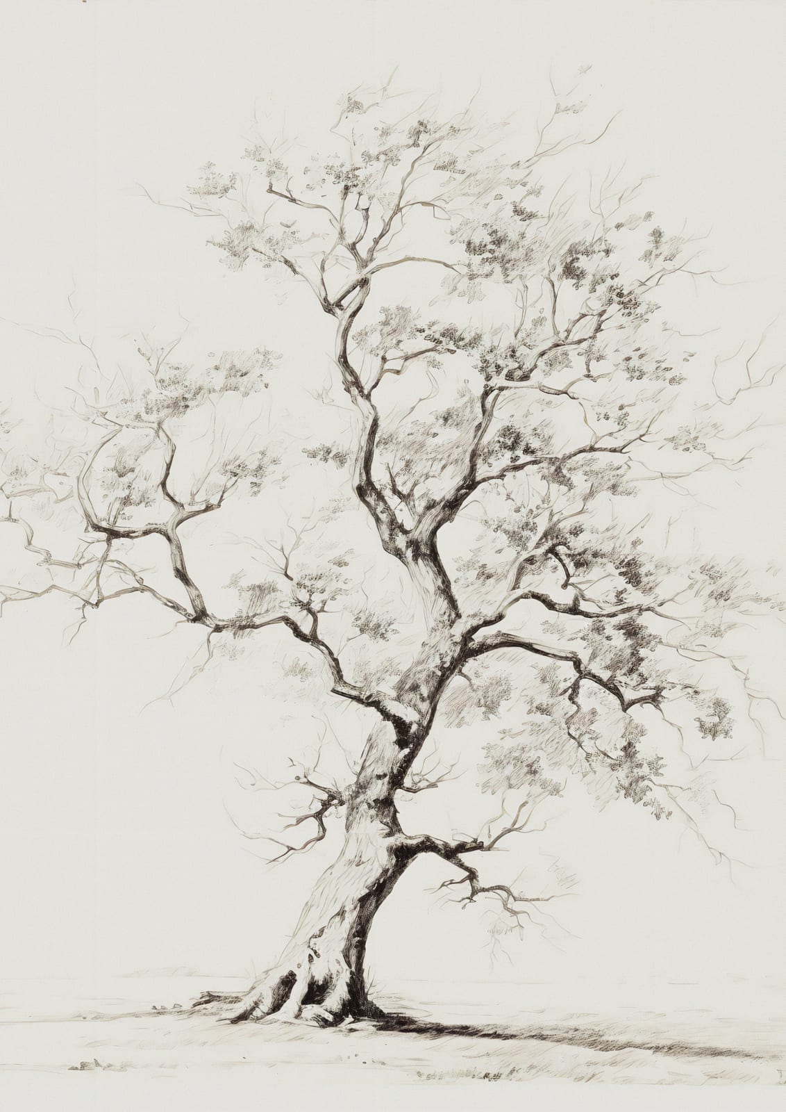 A branching tree appears in a nearly monochrome drawing.
