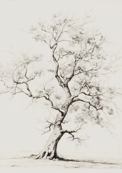 A branching tree appears in a nearly monochrome drawing.