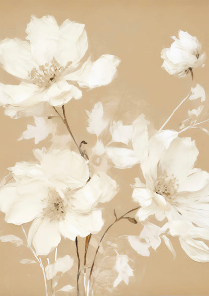 Pale flowers sit against a beige ground.