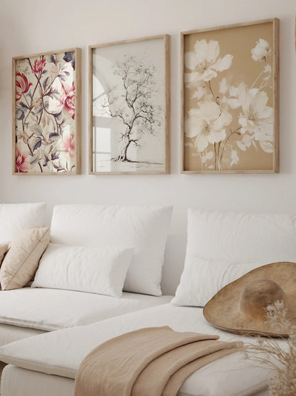 Three floral and tree prints displayed together in a room view; frames are not included.