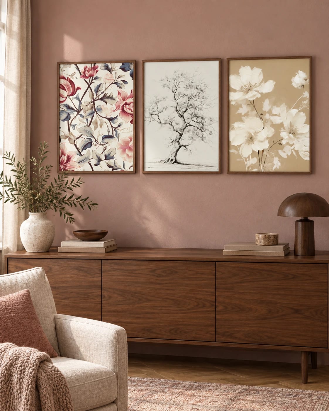 The botanical trio arranged as a group on the wall; frames are not included.