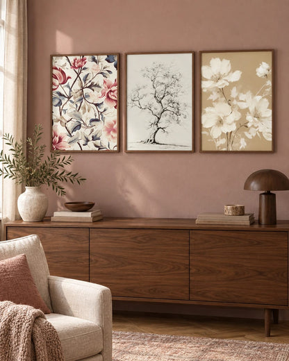 The botanical trio arranged as a group on the wall; frames are not included.