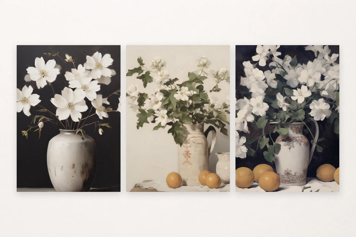 Three floral still lifes show white flowers in dark and light vases, with green leaves and oranges.