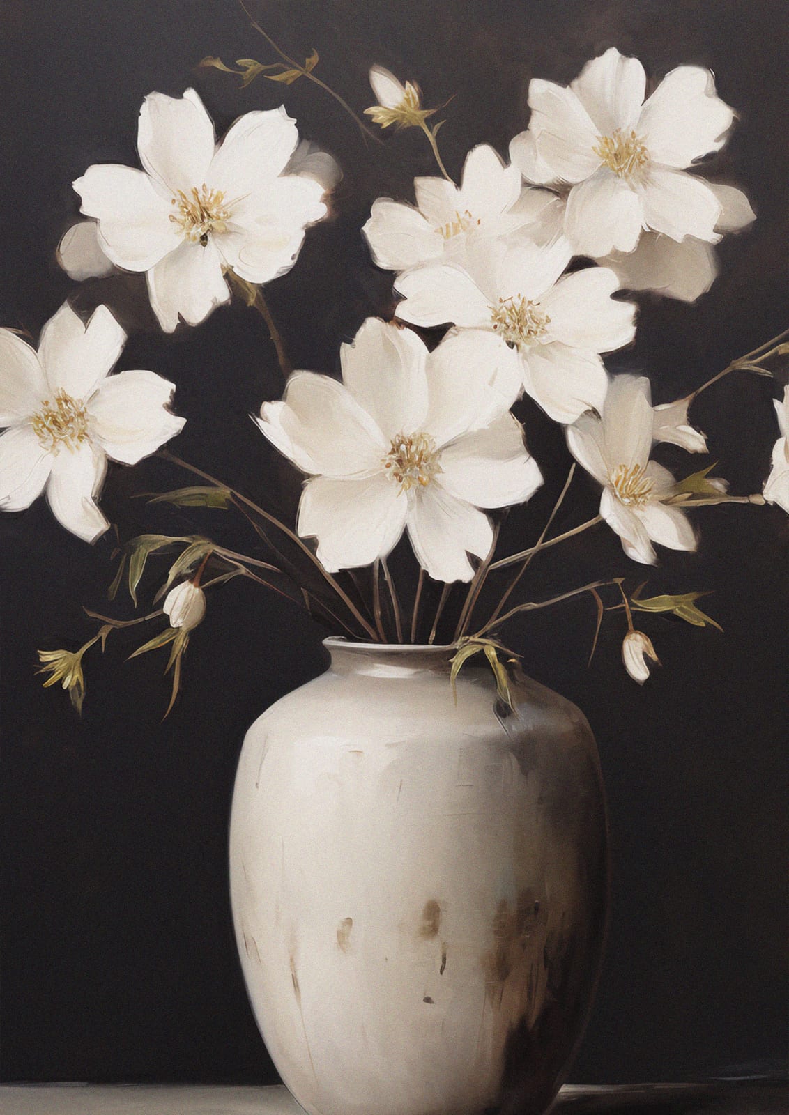 White flowers in a vase against an almost black background.