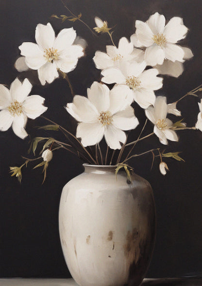White flowers in a vase against an almost black background.