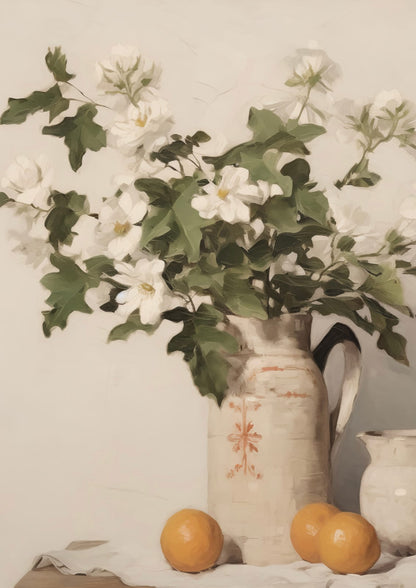 A pale vase holds white flowers, green leaves, and oranges.