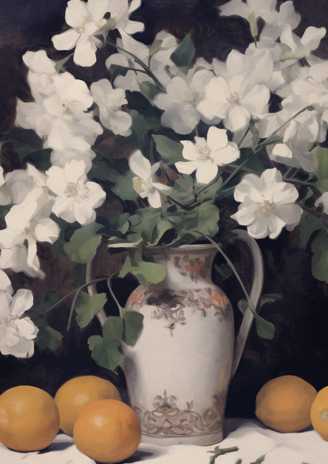 A full bouquet sits in a patterned vase against a dark background.