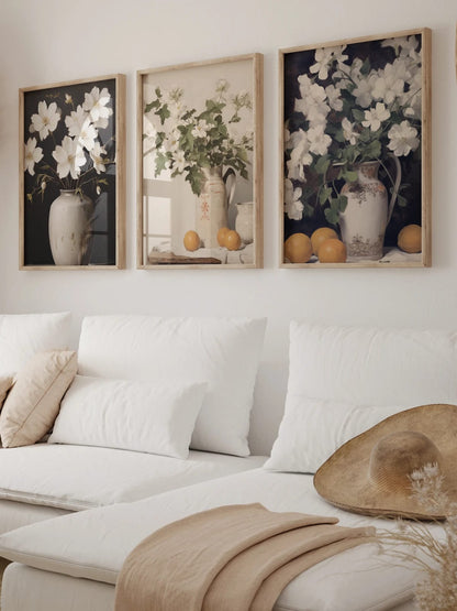 Three floral still-life prints shown together in a room view; frames are not included.