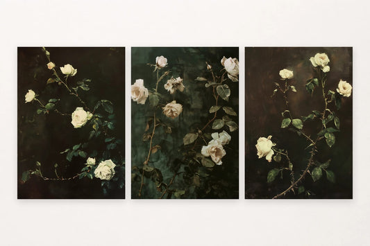 Three rose prints shift between dark and light grounds, with pale blooms and deep green leaves.