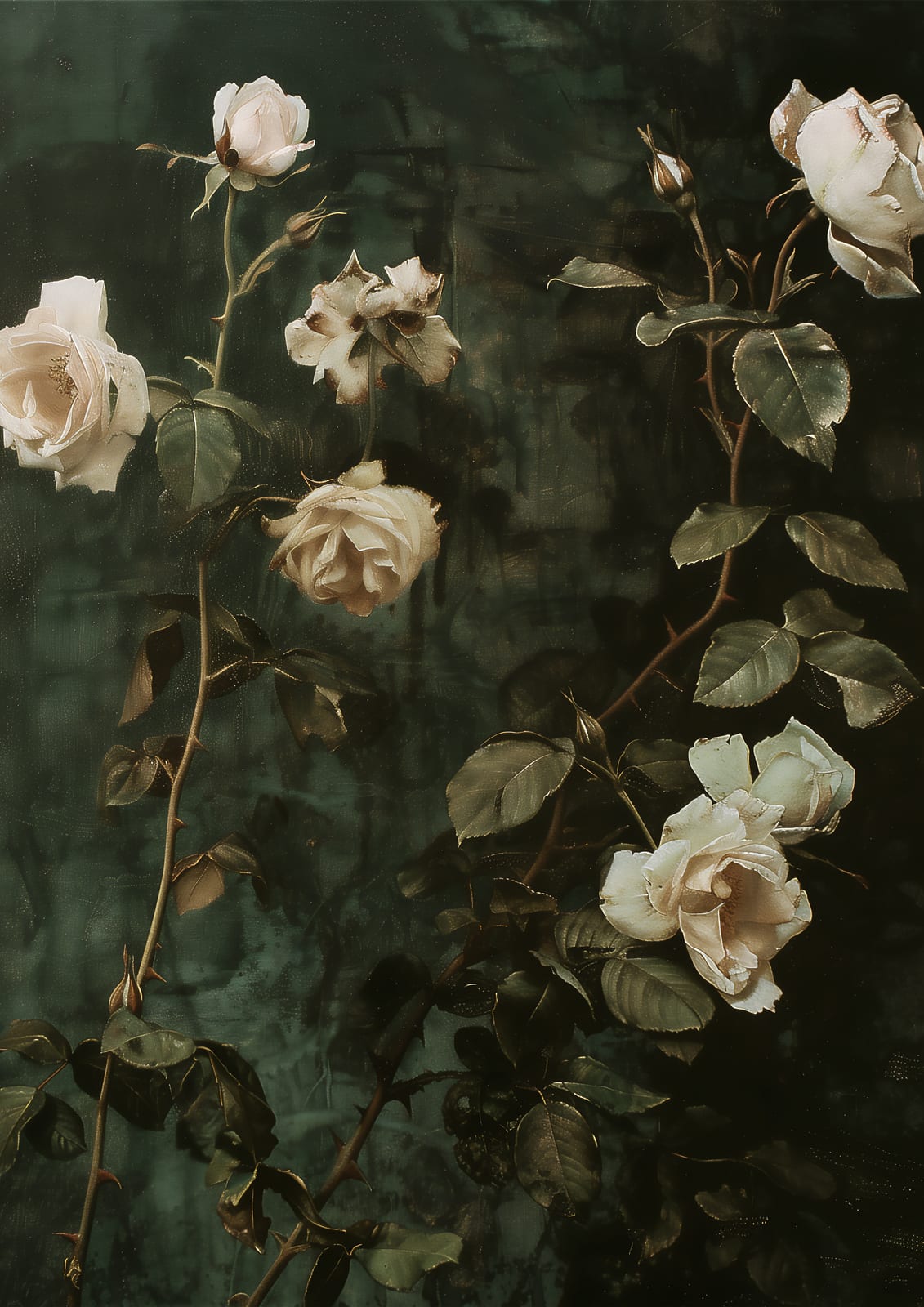Pale roses and buds on a lighter ground.