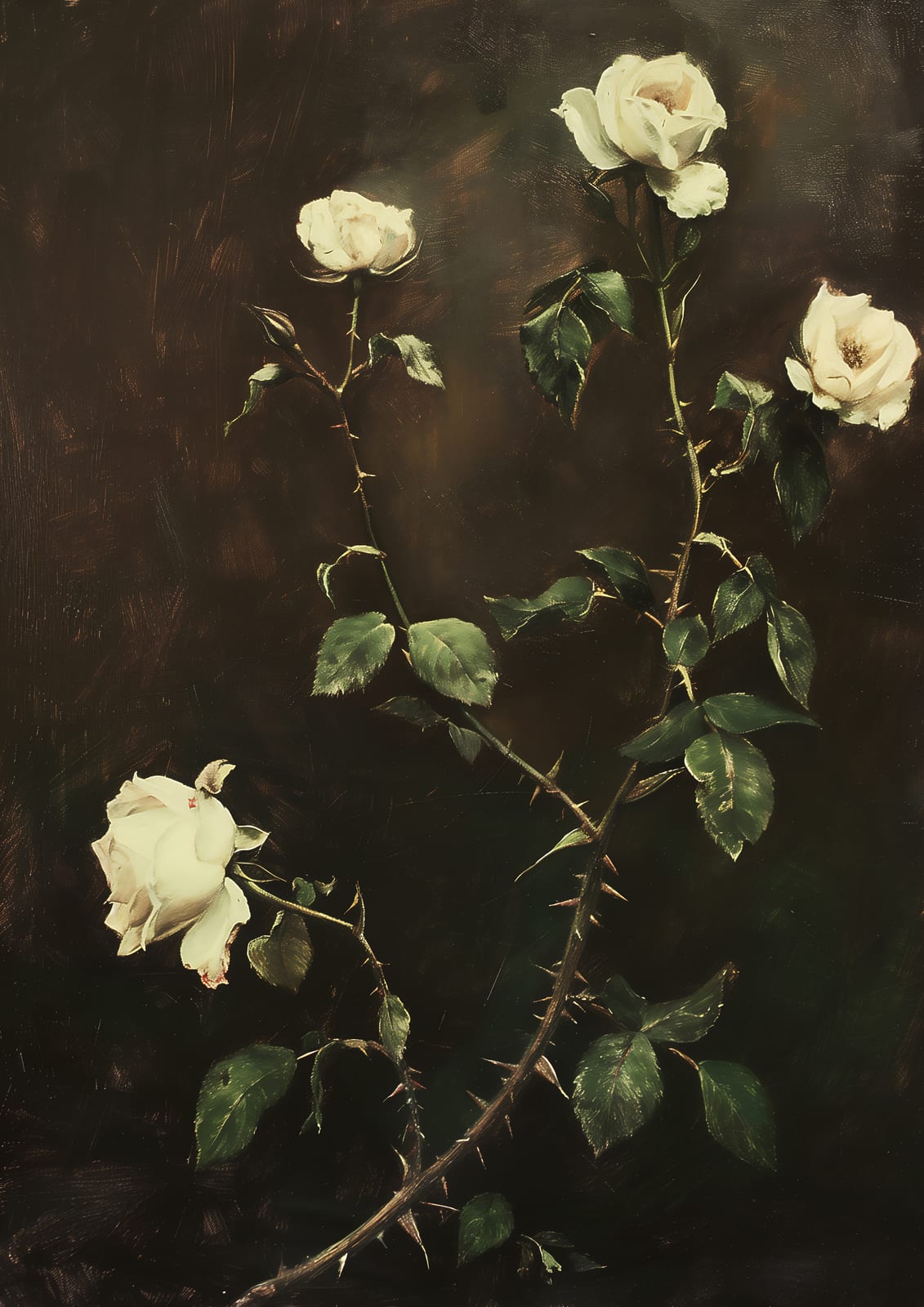 Light roses among dark leaves.