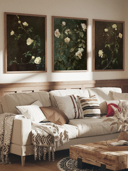 Three rose prints against deep backgrounds arranged in a room; frames are not included.