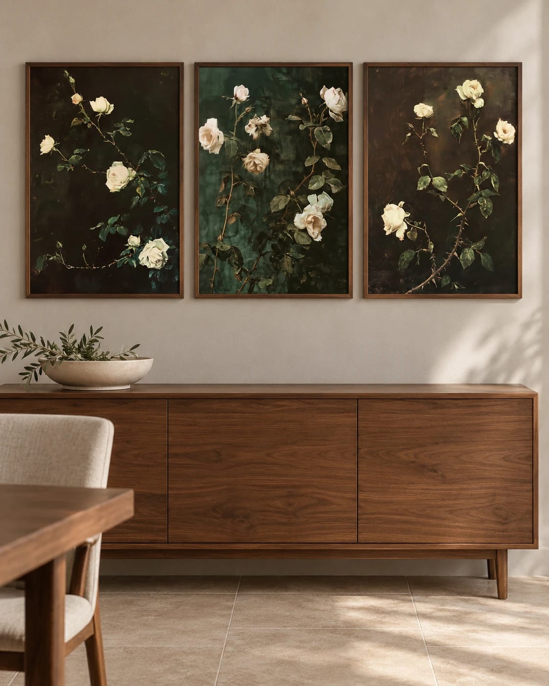 The dark-ground rose triptych shown together on a wall; frames are not included.
