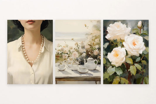 Three prints pair pearls and a pale blouse with a tea service and white roses.