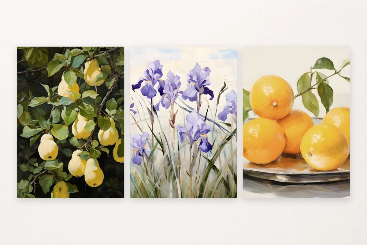 Botanical trio with pears, purple irises, and citrus arranged on a plate.