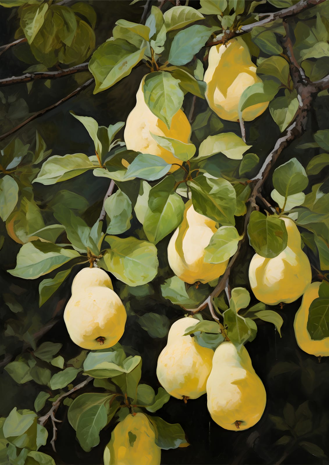 pears on a branch.