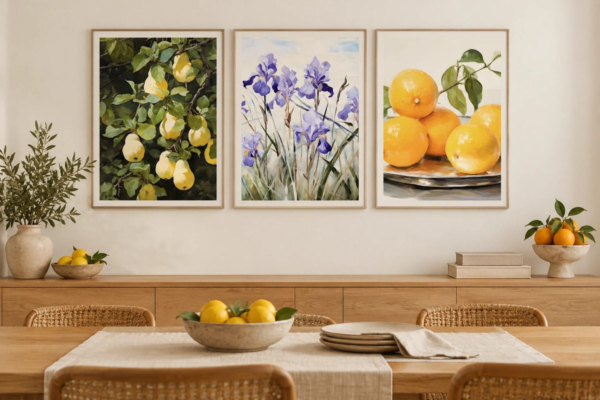 Fruit and flower prints in a light dining room.