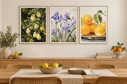 Fruit and flower prints in a light dining room.