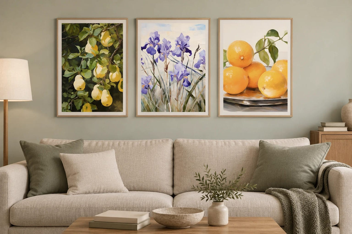 Botanical prints above a light sofa.