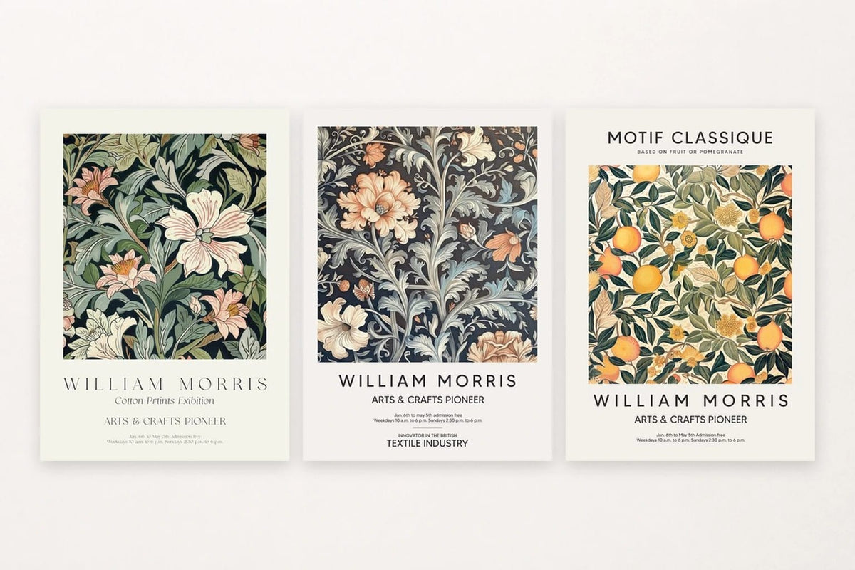 Three botanical ornament prints with flowers, leaves, and fruit patterns.