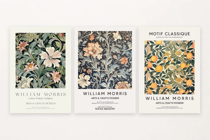 Three botanical ornament prints with flowers, leaves, and fruit patterns.