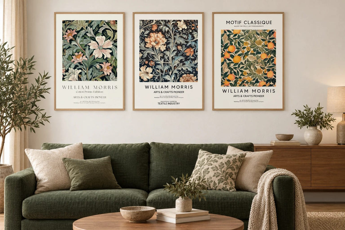 Botanical pattern prints displayed above a green sofa.
