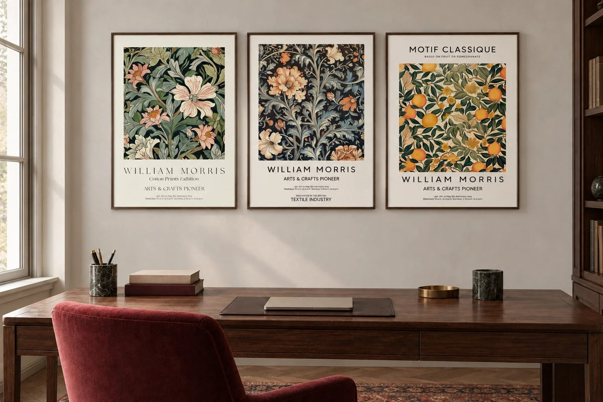 Three botanical prints displayed above a wooden desk.