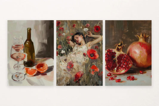 Three prints feature orange citrus, red poppies, and whole and cut pomegranates.