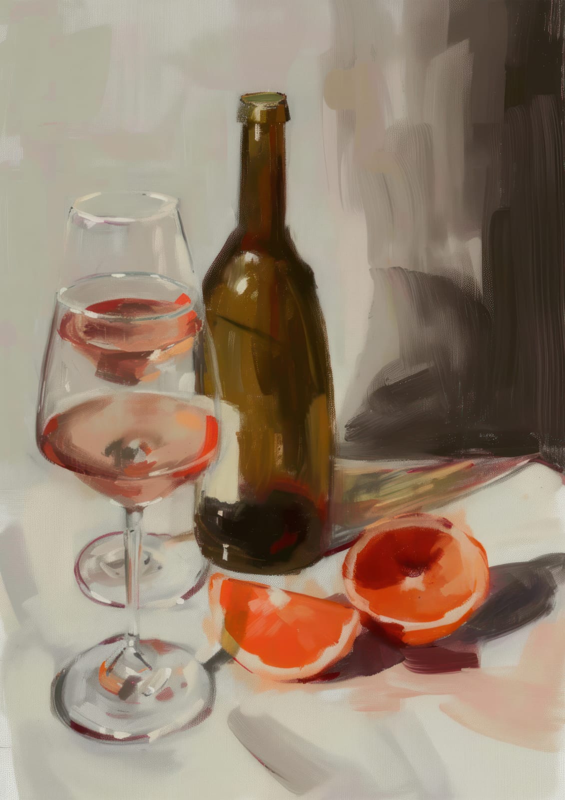 A bottle, glass with red liquid, and orange citrus on a table.