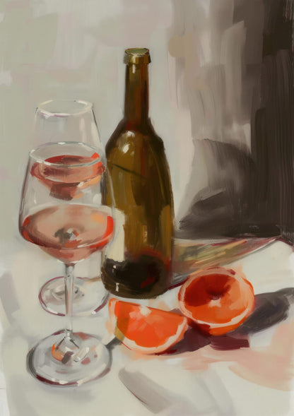 A bottle, glass with red liquid, and orange citrus on a table.