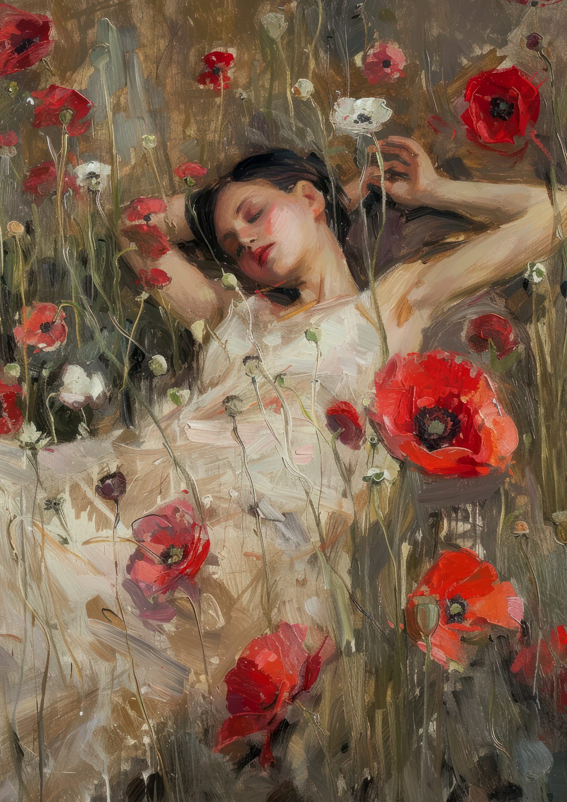 A woman among red poppies and flowers.