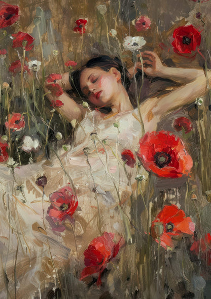 A woman among red poppies and flowers.