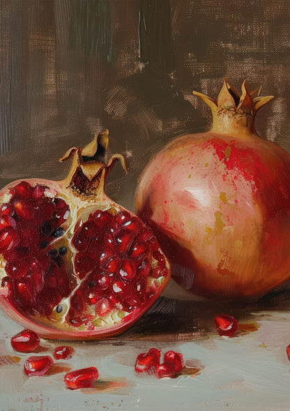 Whole and cut pomegranates against a dark background.