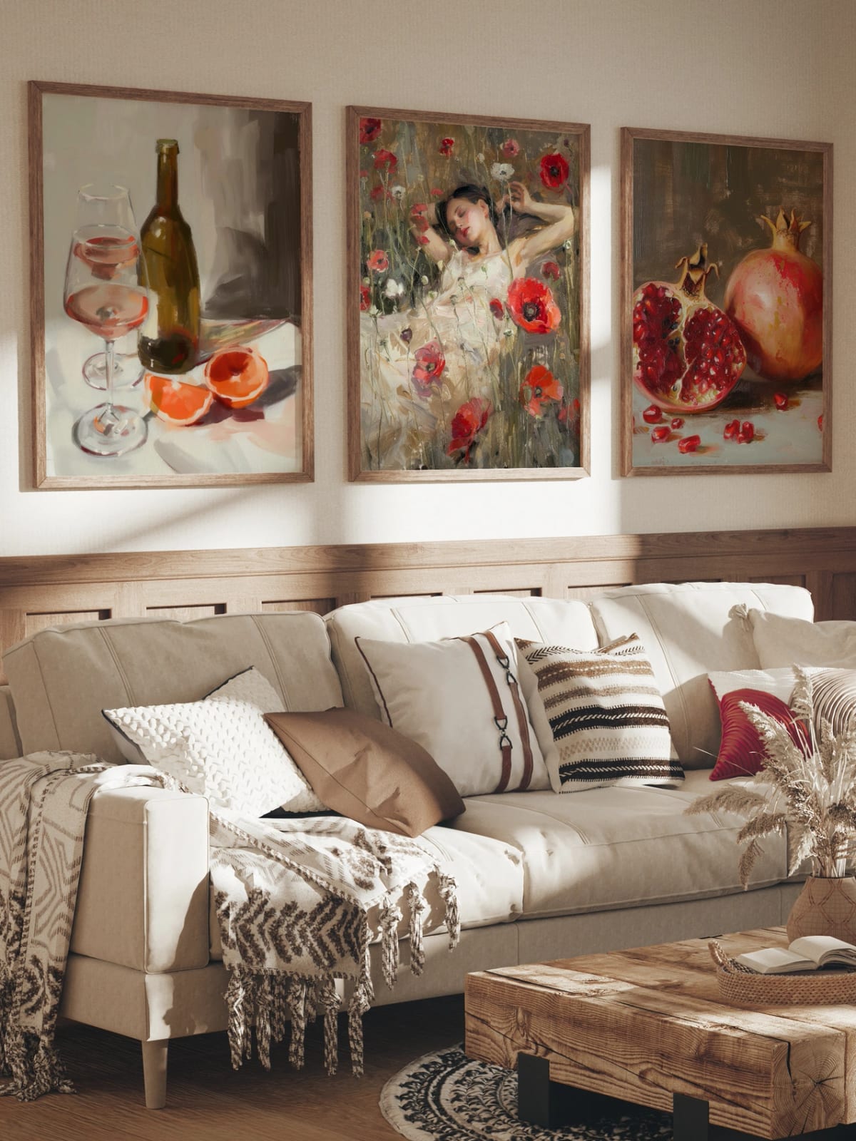A bottle and citrus, poppies, and pomegranates form three prints shown together; frames are not included.
