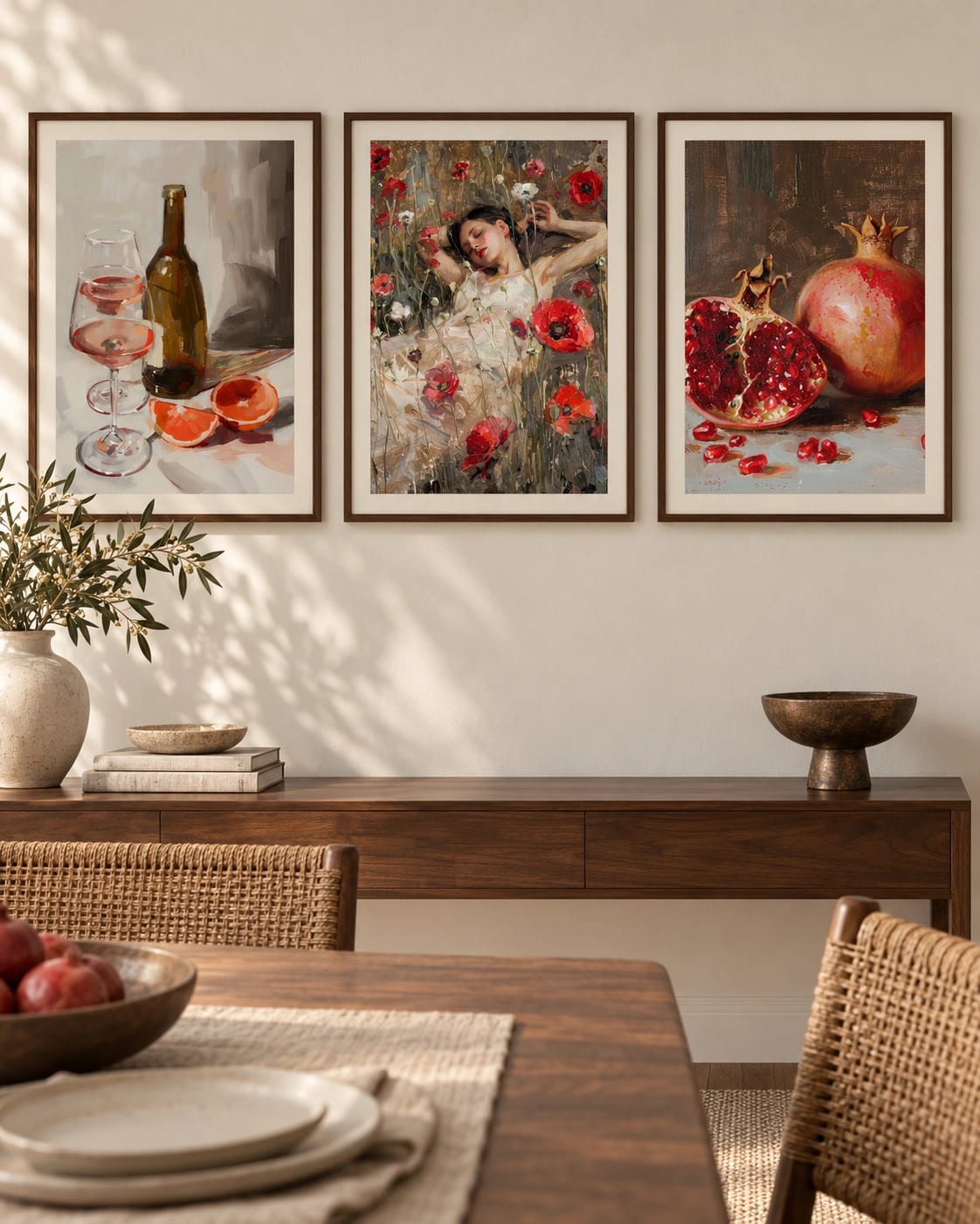 The red-accented still lifes and floral scene arranged on one wall; frames are not included.