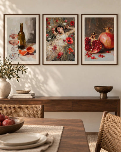 The red-accented still lifes and floral scene arranged on one wall; frames are not included.