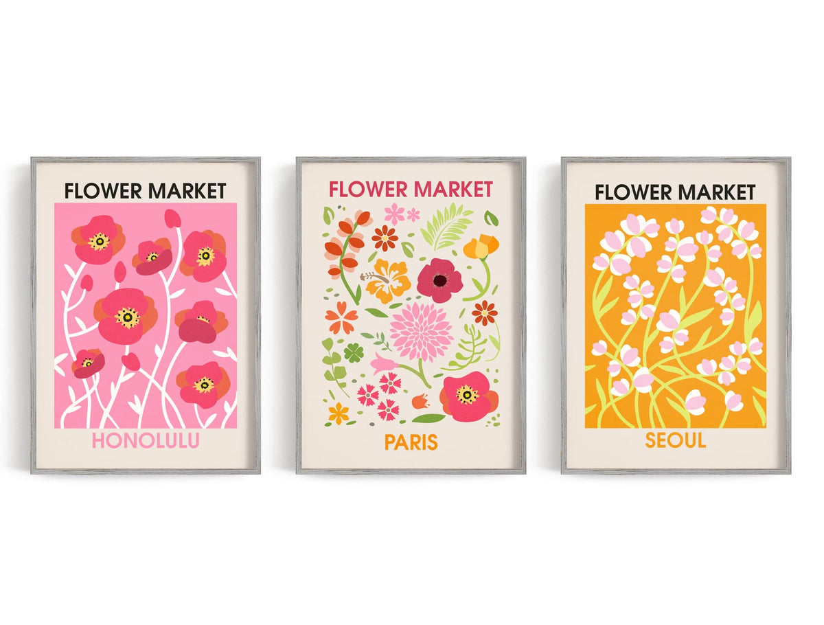 Bright Flower Market Trio showing three illustrated flower-market posters celebrate Honolulu, Paris, and Seoul with bold.